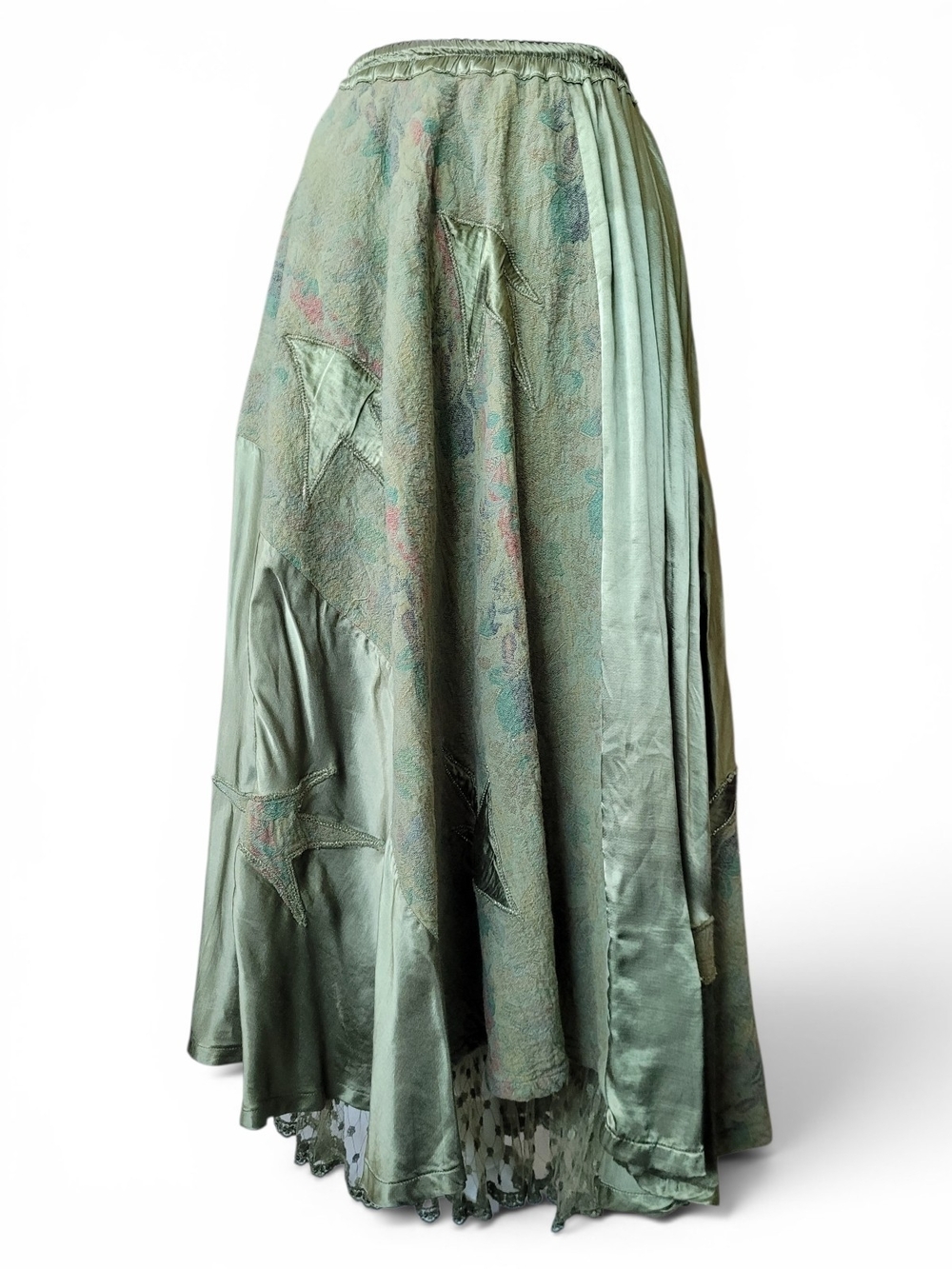 Whimsigoth Patchwork Jacquard Satin Maxi Skirt Ren Fair Medieval Lace Hem Small - Picture 3 of 16
